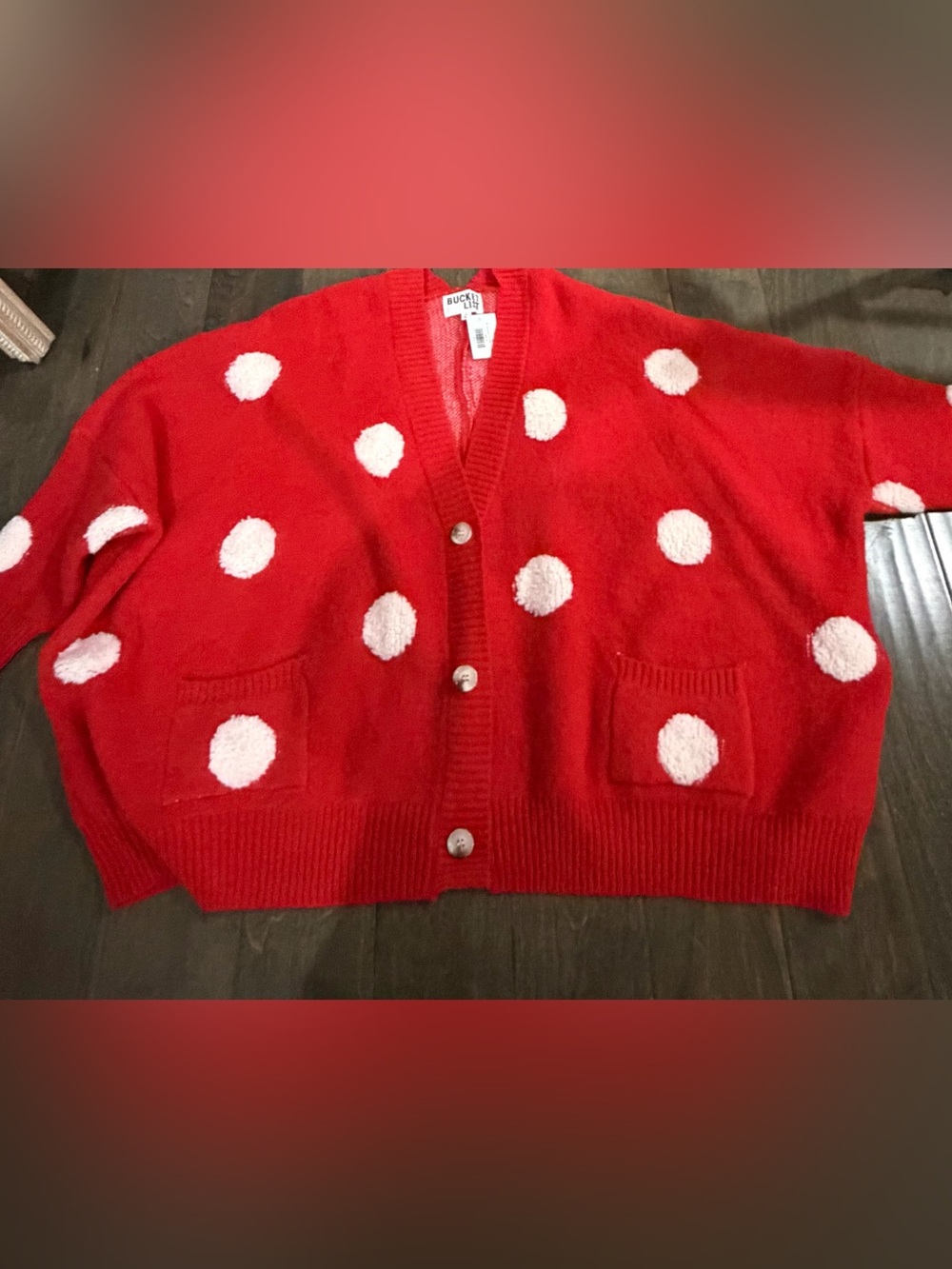 Bucket List Oversized Red Polka Dot Button-Front Sweater Cardigan